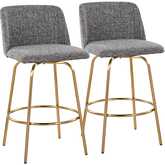 Toriano 26" Swivel Counter Stool in Grey Noise Fabric & Gold with Round Footrest (Set of 2)
